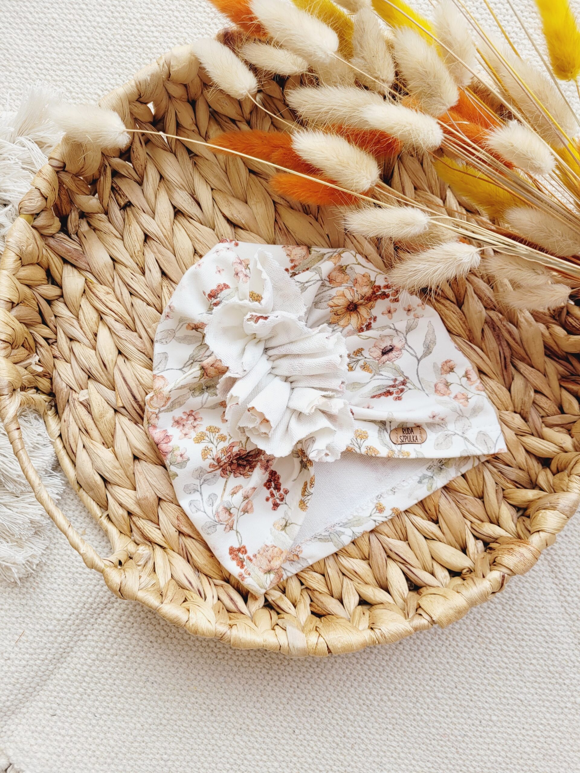 Turban dla dziewczynki z falbanką Kwiaty Vintage