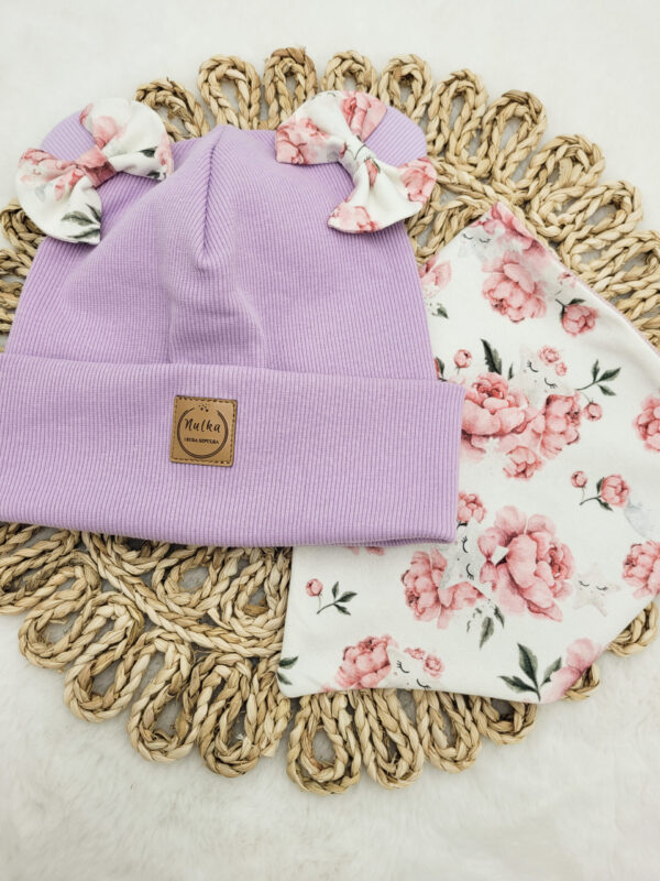 Czapka dziewczęca i chusta Peony lawendowy Komplet Peony lawendowy