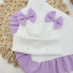 Czapka dla dziewczynki z uszami i perełkami z chustą z falbanką - lawenda