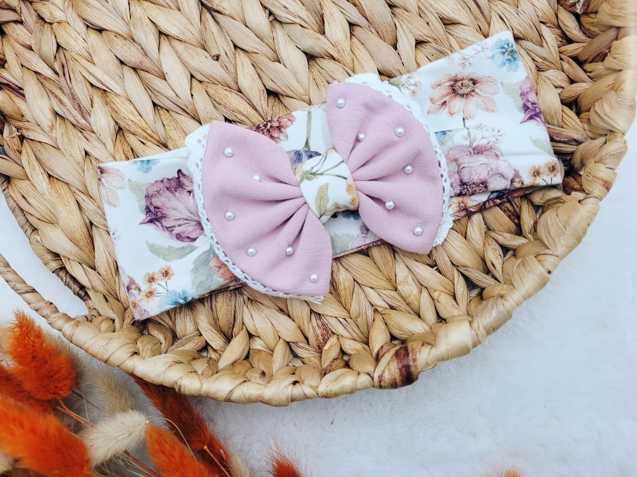Opaska dla dziewczynki z kokardą i perełkami Purple Garden