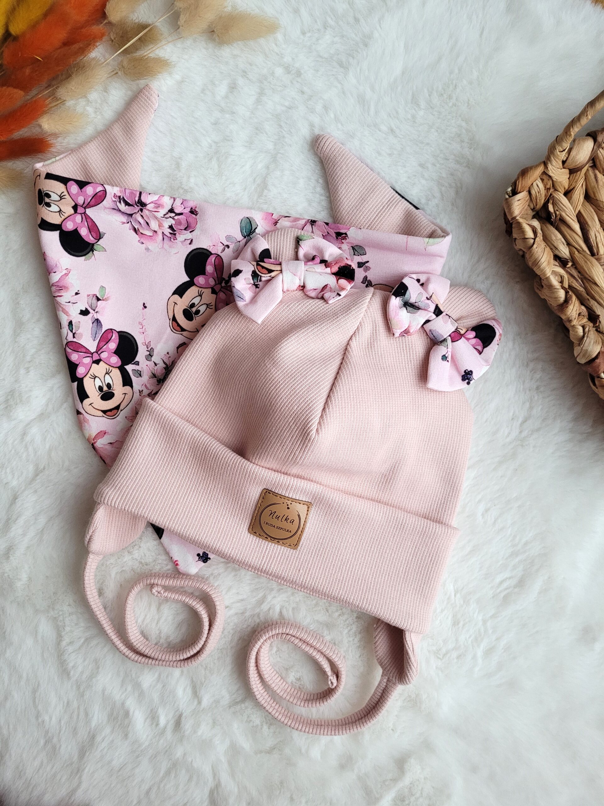 Komplet dla dziewczynki z kokardkami Minnie pudrowy róż