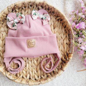 Czapka wiązana dla dziewczynki Malowane róże brudny róż