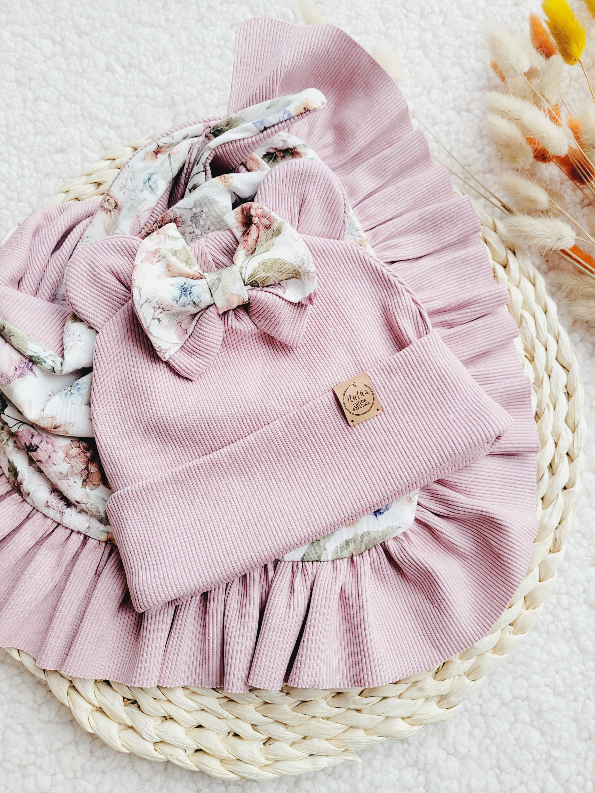 Czapka z kokardą Purple Garden i chusta dla dziewczynki pastelowy róż